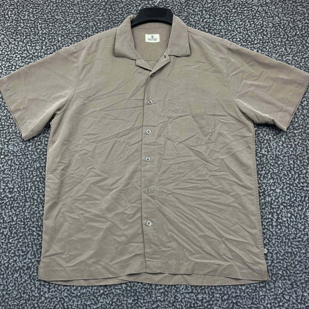 Solitude‎ Button Up Shirt Men Large Brown Plain Short Sleeve Collared L